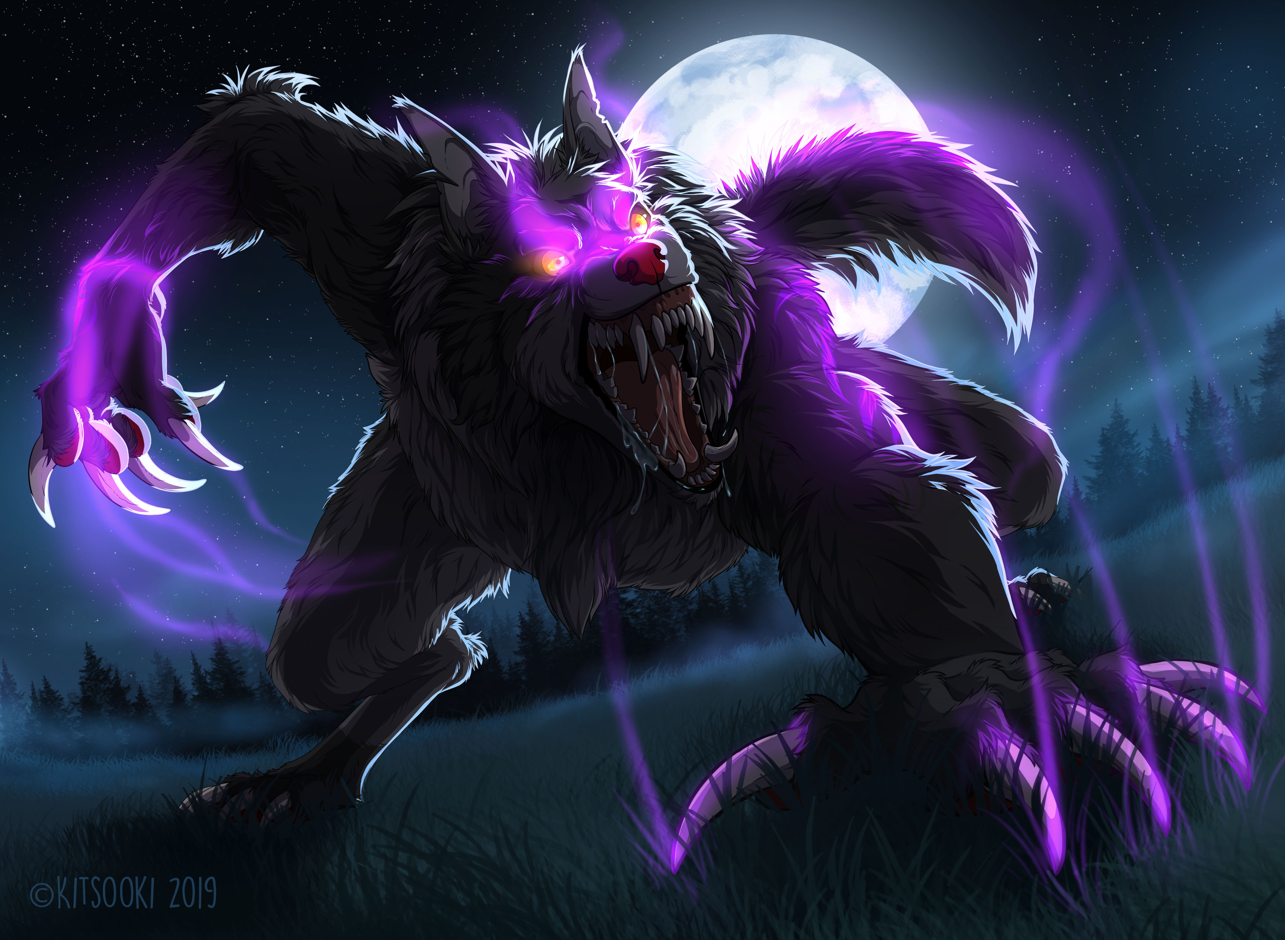 Lupino in his werewolf form, his eyesglowing with purple energy